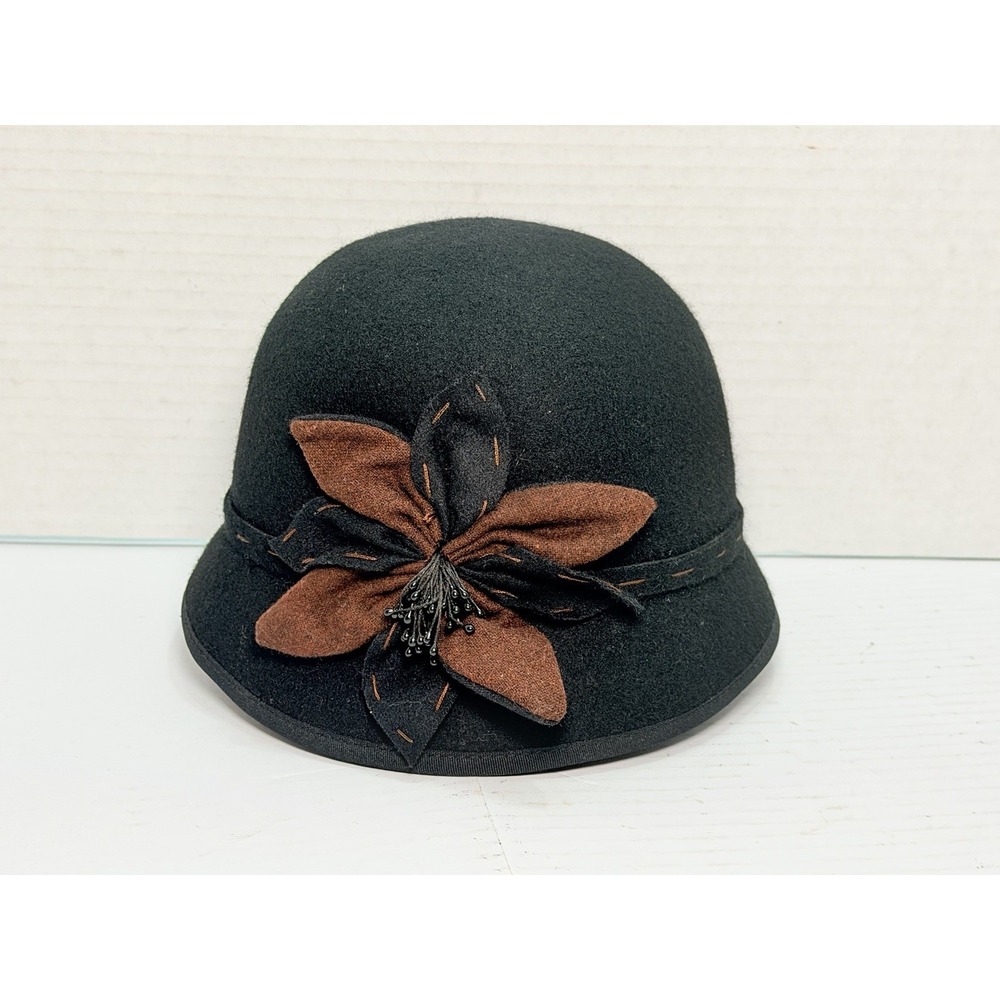 Scala Pronto Wool Cloche Bucket Hat Black Brown Floral Accent Women's OSFM VTG